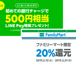 LINE Payも初めてチャージで500円相当プレゼント！銀行チャージは1000円でOK。ファミマで20%還元も開催