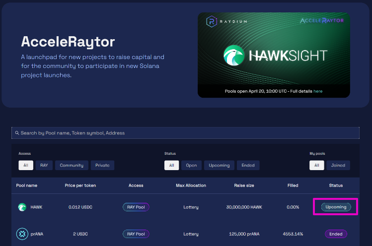 Hawksight($HAWK)　AcceleRaytor （IDOトークンセール）開催状況