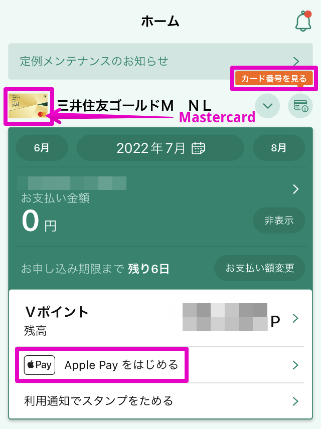 三井住友カードゴールドNL（Mastercard）：Vpass登録画面