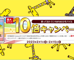 nanacoモバイルで最大ポイント10倍、1日800円以上の利用で。付与上限2000pt（2/15まで）