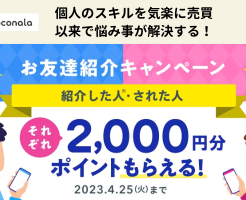 ココナラ招待コード登録で2000ポイント（4/25まで）。個人のスキルを気軽に売買。問題解決に役立つサービス