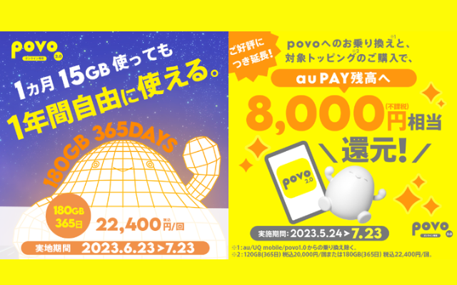 【通信料を安くする！】povo2.0 180GB・365日、MNP乗り換えでau PAY残高8000円相当還元。1ヶ月15GBぐらい使う方に最適