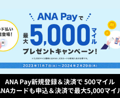 ANA Payで最大5000マイル還元、コード払い機能登場 記念で（2/29まで） ※マイル獲得後は「ポイント4重取り」に利用でお得