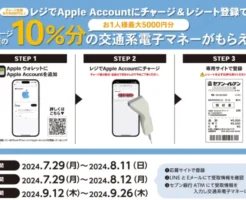 セブンイレブン「Apple Accountにチャージ」が最大10%還元。レシート登録 他で Suica / PASMO /ICOCA がもらえるキャンペーン（8/11まで）