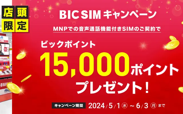 ビックカメラ、MNPでBIC SIM契約で15000円相当還元、最大13カ月通信費が無料に ※店頭申込限定