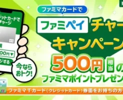 ファミペイチャージキャンペーン！ファミマカードでファミペイチャージで500ポイント＋通常分0.5%還元！（11/30まで）