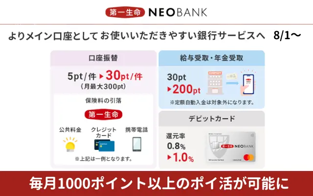 【2024年8月～】第一生命NEOBANKがポイントプログラムを改定！被振込・決済などで月1,040ポイント獲得方法