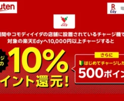 【8/29~31：3日間限定】コモディイイダで10,000円以上楽天Edyチャージで楽天ポイント10%還元！最大2,500ポイント