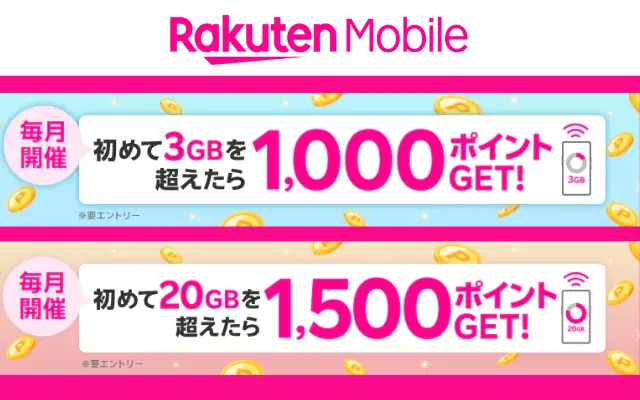 楽天モバイル、はじめて3GBを超えたら1000ポイント、20GB超過で1500ポイントがもらえるキャンペーン（8/31まで）