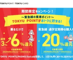 東急線のTOKYU POINTが乗るだけで6%還元！通学定期券購入で20%還元！キャンペーン（10/31まで）