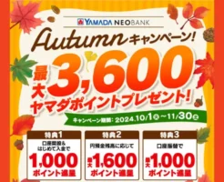 ヤマダNEOBANK、新規3600ポイント、既存も最大2600ポイントもらえるキャンペーン（11/30まで）