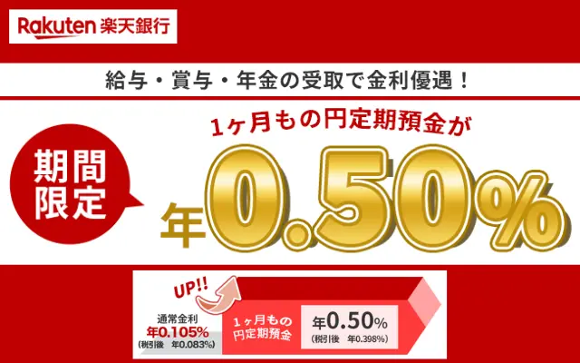 楽天銀行、定期預金1ヶ月も年利が0.5％の最高水準。給与･賞与･年金を5万円以上受取限定で（9/30まで）