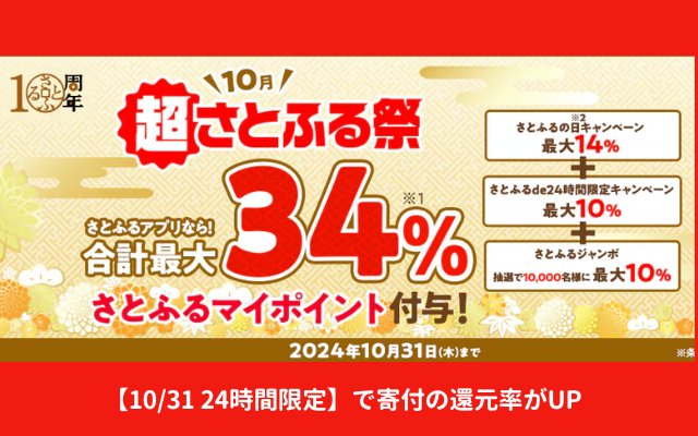 【10/31 24時間限定】さとふるで最大24%還元+抽選で最大10%還元、1日限定PayPayクーポン＋メガさとふるの日2つのキャンペーン併用で