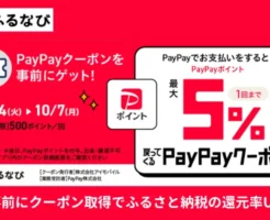 【10/7まで】ふるなび ふるさと納税で誰でも最大15%に加え、PayPay払いで最大5%還元が上乗せ！