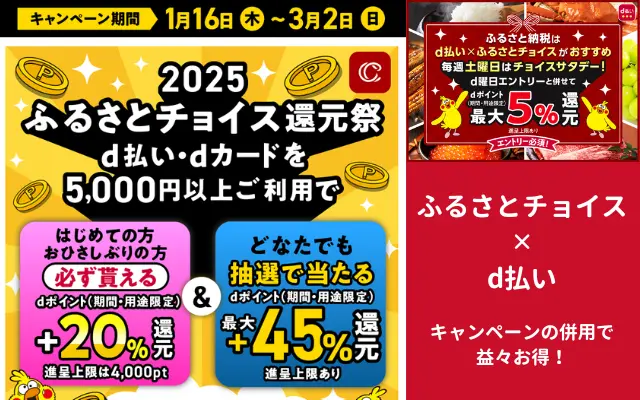 ふるさとチョイスで+20％還元（はじめて・お久しぶり）、抽選で+最大45%還元（誰でも）、d払い・dカード決済で初寄付で（3/2まで）