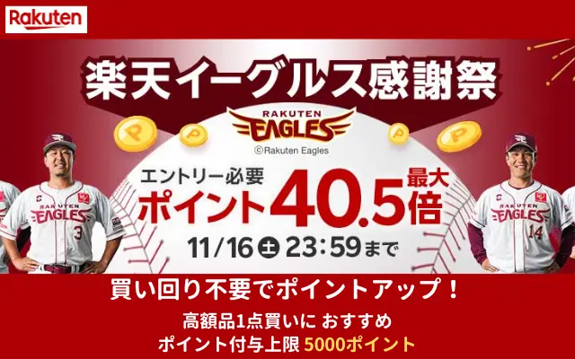 【11/16まで】楽天イーグルス感謝祭。購入額に応じて還元、買い回りしない人も高還元に。ふるさと納税も対象