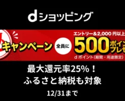 dショッピングで2000円以上購入で、dポイント500ポイントがもらえる（12/31まで） ※ふるさと納税も可能