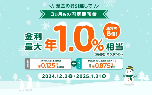 三井住友銀行、3か月もの円定期 最大年利1%！貯金引越しキャンペーン。金利上乗せ分の利息はVポイントで（1/31まで）