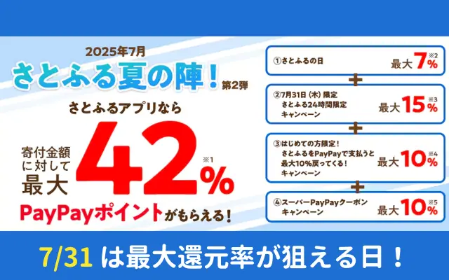 【7/31限定】さとふる 最大42%還元!「24時間限定」など4つのキャンペーンが重なる最大還元率日。PayPayポイントがっつり獲得可能!要エントリー