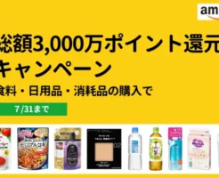 Amazonで総額3000万ポイント還元で500ポイントもらえる！食品・飲料・消耗品などの購入で（7/31まで） ※還元上限達成・在庫亡くなり次第終了