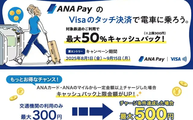 ANA Payのタッチ決済で交通費が最大50%キャッシュバック!(9/15まで)