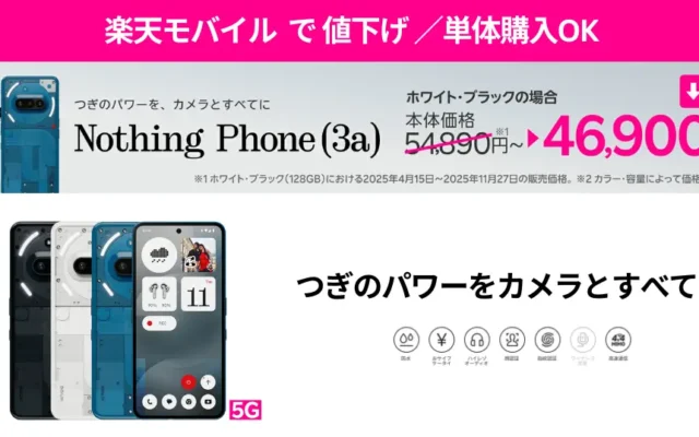 【11/28~】楽天モバイル、Nothing Phone (3a)を8,000円値下げ!楽天限定カラーのブルーも対象