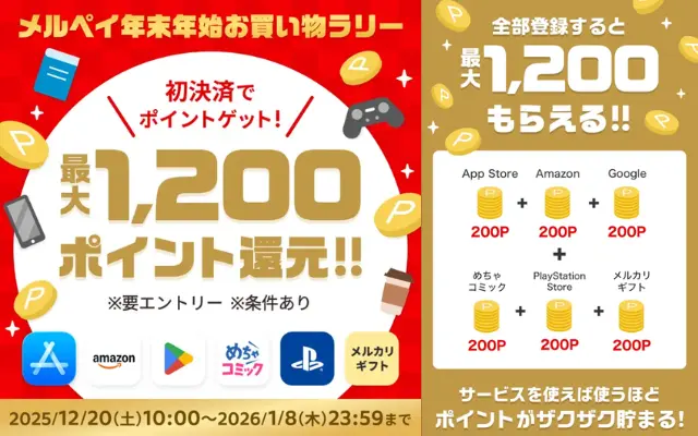 【年末年始メルペイお買い物ラリー2026】Apple・Amazon・Googleで201円払うだけで200P還元！最大1,200円分もらえる神キャンペーン（1/8まで）