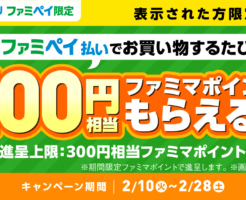 【表示された方限定】ファミペイ払いで100ポイントもらえる！2月限定お得キャンペーン（2/28まで）