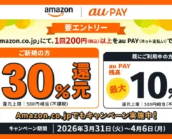 【4/6まで 最大30%還元】Amazon×au PAYキャンペーン | 初利用30%還元、既利用者も10%還元(要エントリー) ※予算上限に達し次第終了