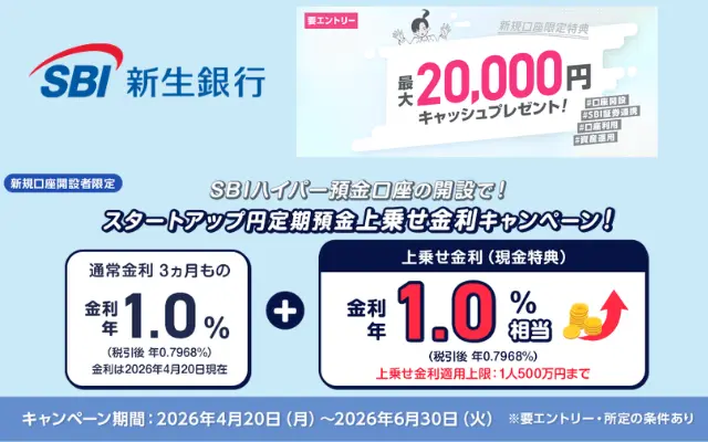【最大年2.0％相当】SBI新生銀行の定期預金が超高金利！通常1%+上乗せ1%｜さらにウェルカムキャンペーンで最大2万円もらえる（6/30まで）
