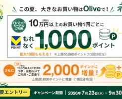 【9/30まで】Olive利用で最大2万Vポイント!10万円ごとに1,000ポイント還元キャンペーン。リボ払いで特典2倍に